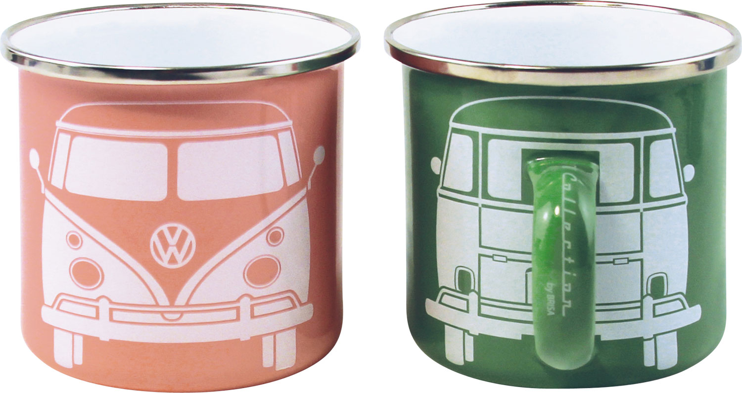 VW Collection T1 Bus Emaille Tassen Set 2 Stück 350 ml Grün / Rosa