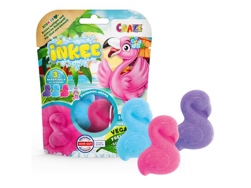 Craze Badespass Inkee 3 Flamingo Badebomben mit Jojobaöl 3 Badekugeln mit Kaugummi-Aroma