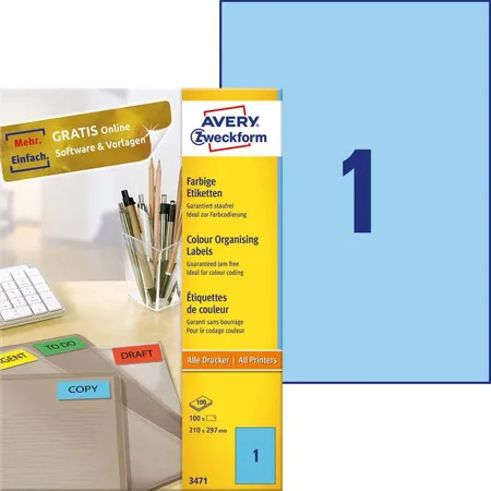 Avery Zweckform 3471 Farbige Etiketten,A4 210 x 297 mm, 100 Bogen/100 Etiketten, blau