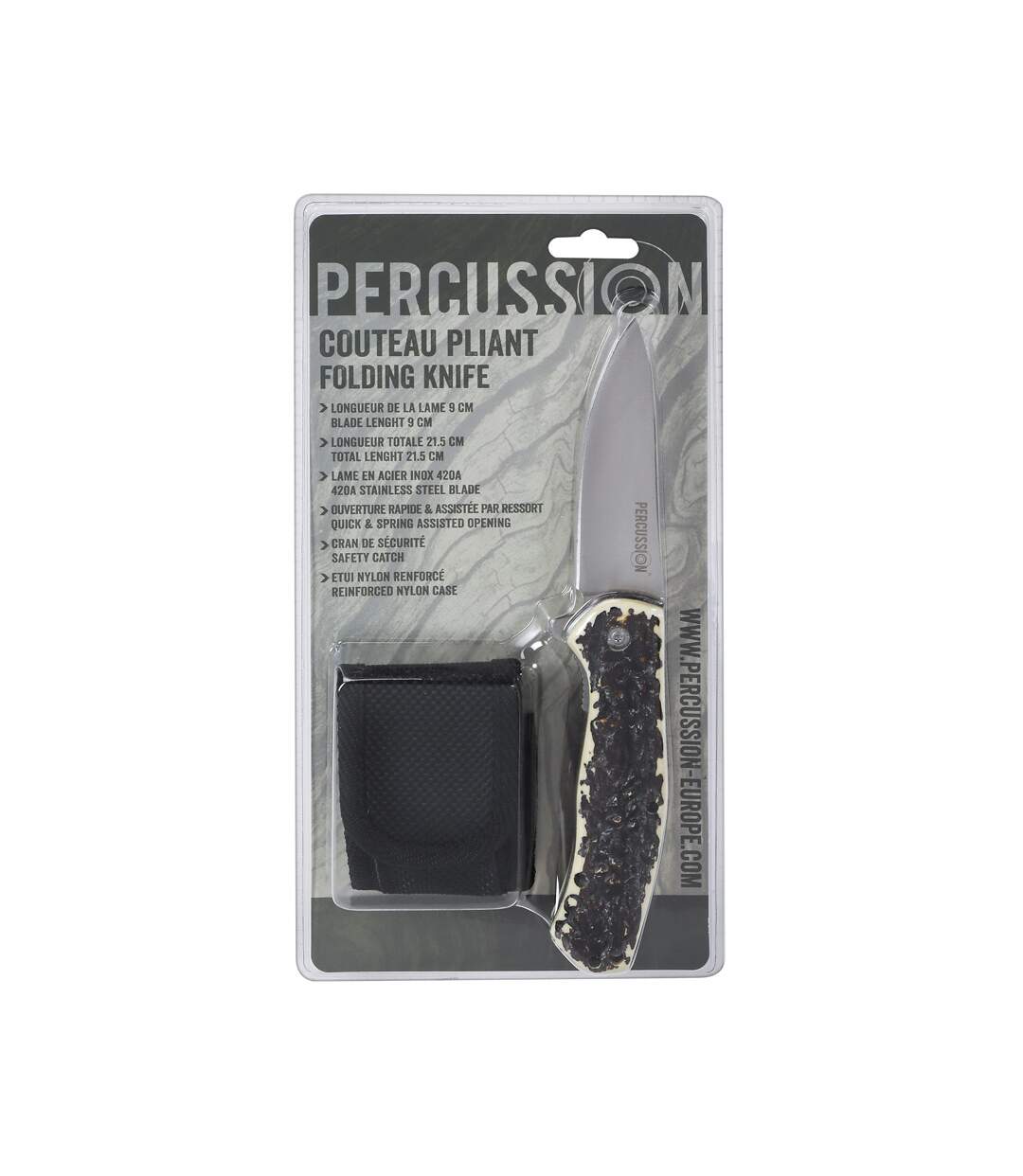 Couteau de chasse pliant manche imitation corne percussion