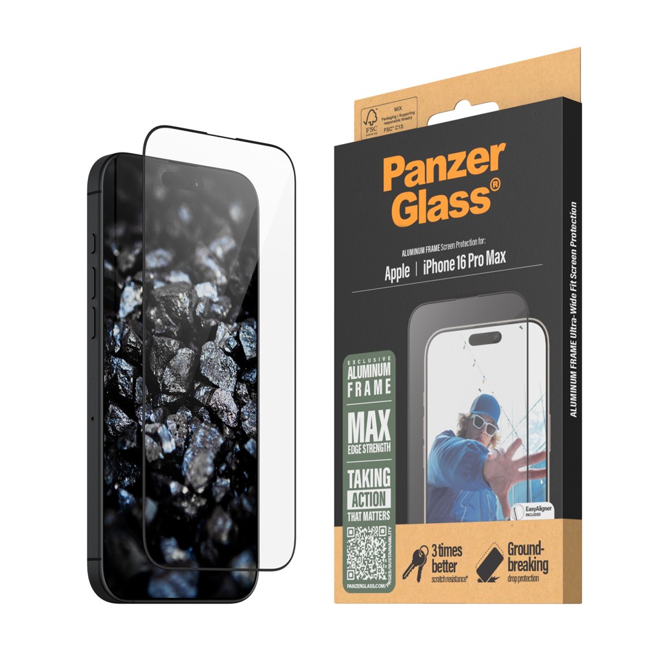 PanzerGlass - Skærmbeskyttelse - iPhone 16 Pro Max - Aluminium Frame - Ultra Wide Fit