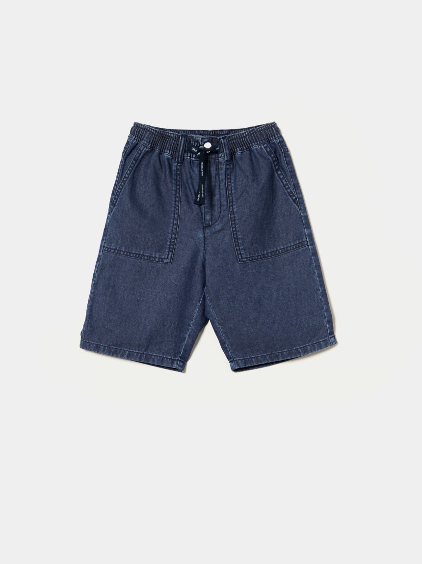 Calções denim com elástico e cordão na cintura