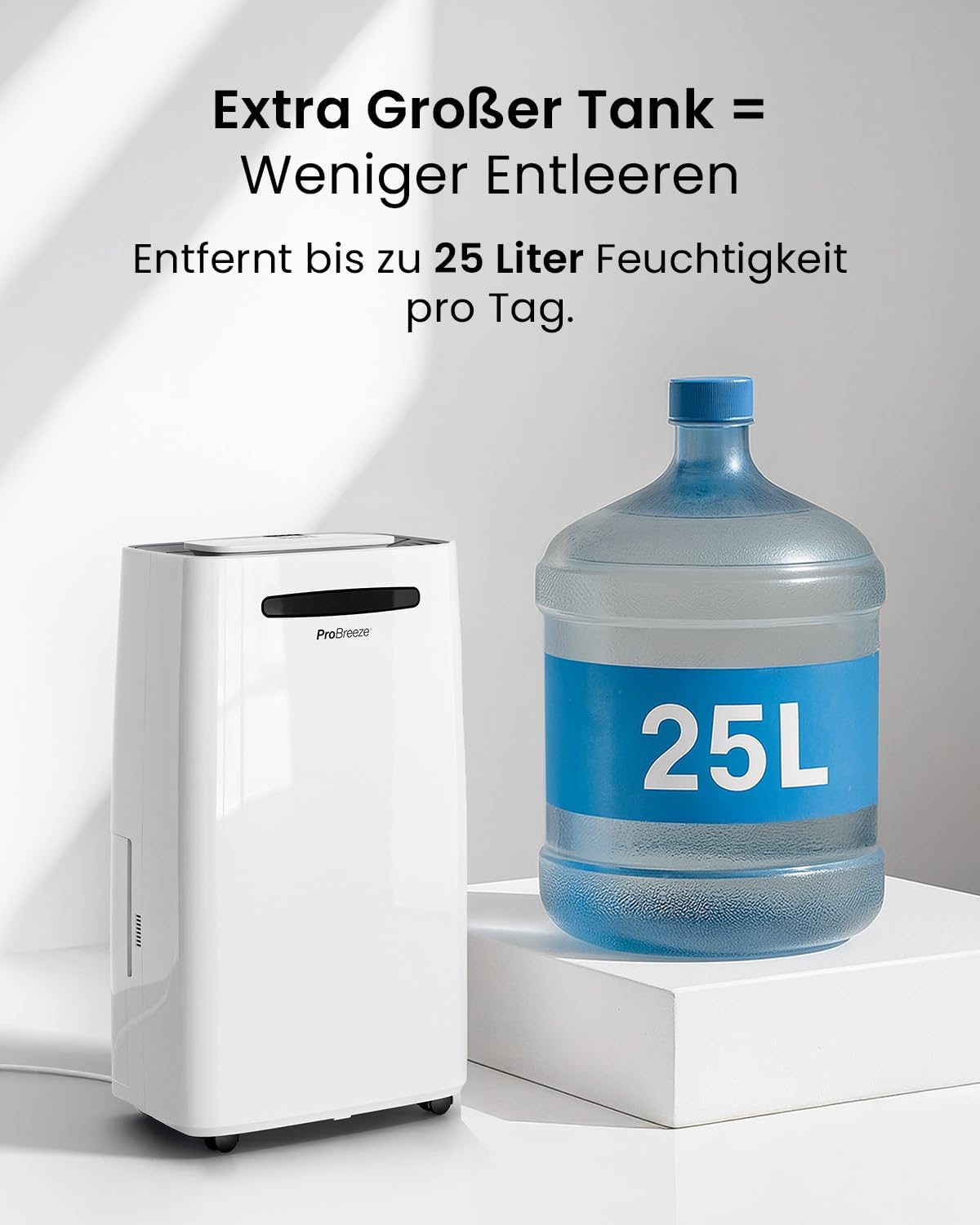 Pro Breeze Luftentfeuchter 25L in 24h Entfeuchtungsleistung - Raumgröße ca. 195m³ (~30 m²) - mit 4 Betriebsarten, Digitalanzeige, Ablaufschlauch, Wäschetrocknung, Timer - Gegen Feuchtigkeit, Schimmel