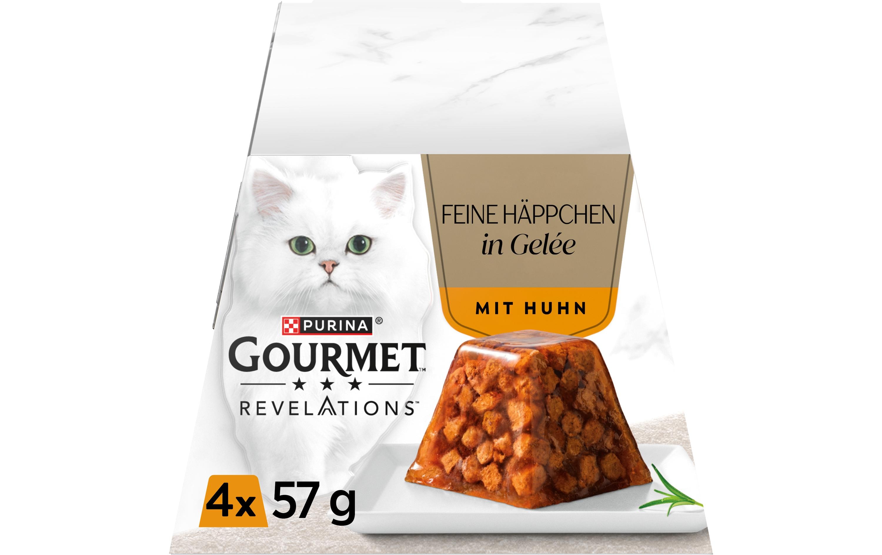 Nassfutter Revelations Feine Häppchen Gelée Huhn 4 x 57gAlleinfuttermittel für ausgewachsene Katzen