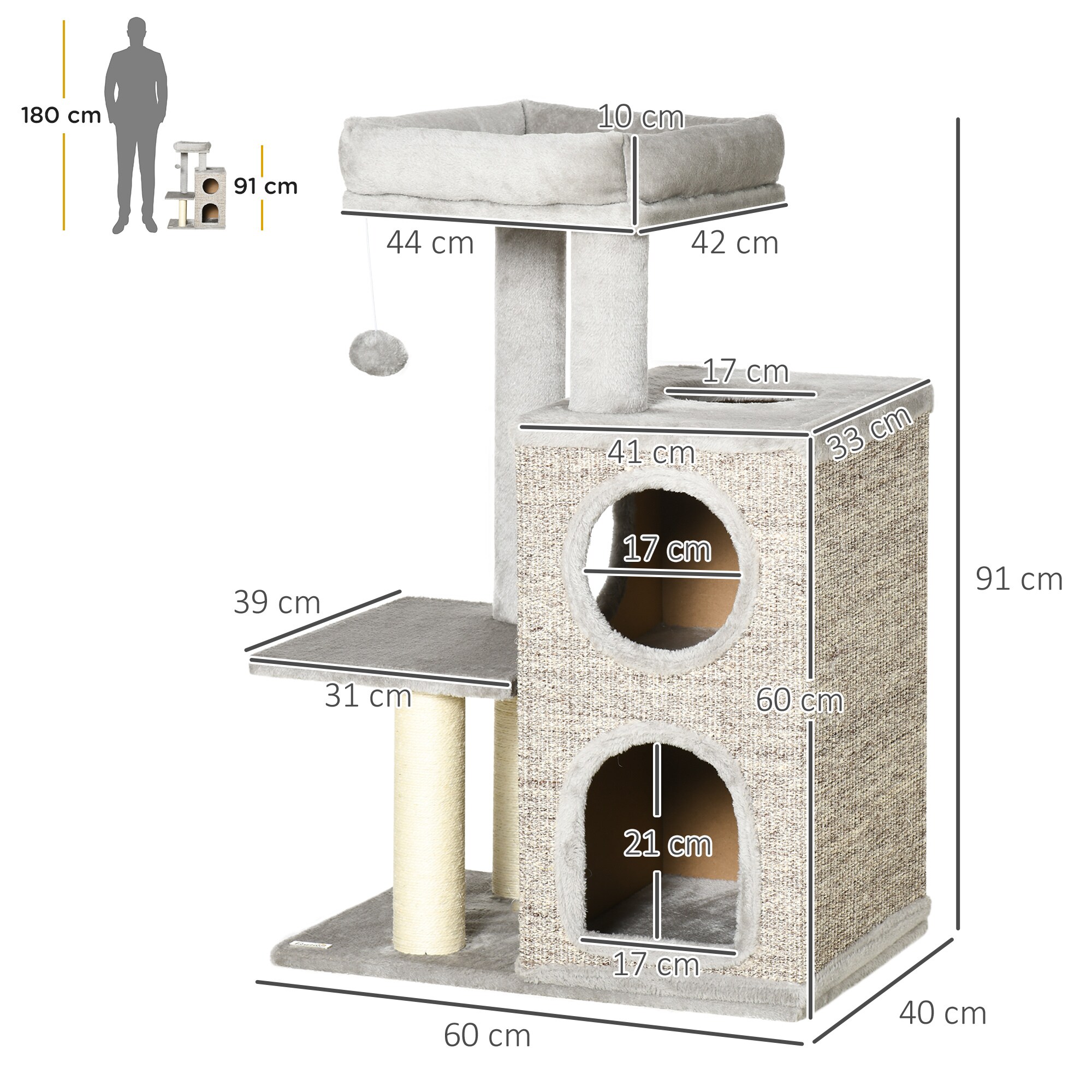 PawHut Kratzbaum mitKatzenhöhle grau 60L x 40B x 91H cm