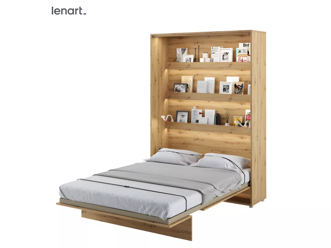 Lenart Armoire Lit escamotable +2 Placards Vertical 90x200 cm Chêne artisan Lit Rabattable Lit Mural