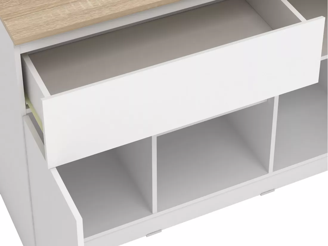 Ilot central de cuisine avec 2 portes, 1 tiroir et 2 niches - Blanc et naturel - TUNORI