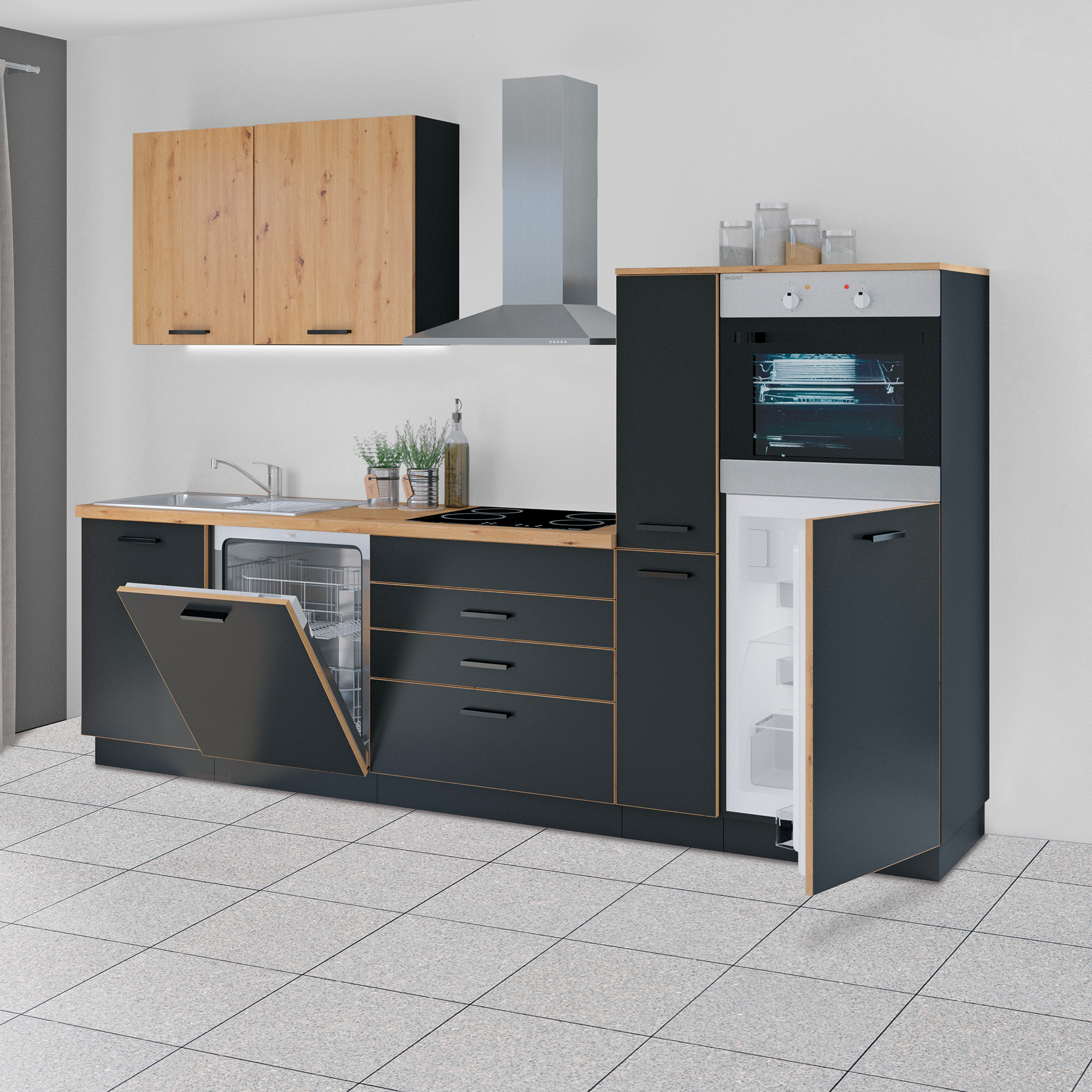 Küchenblock - schwarz matt - Eiche Artisan - mit E-Geräten - 280 cm