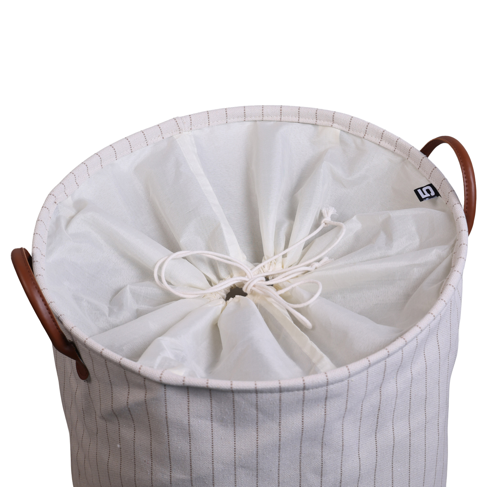 Wasmand leren hengsels stripe beige/naturel Ø42 cm