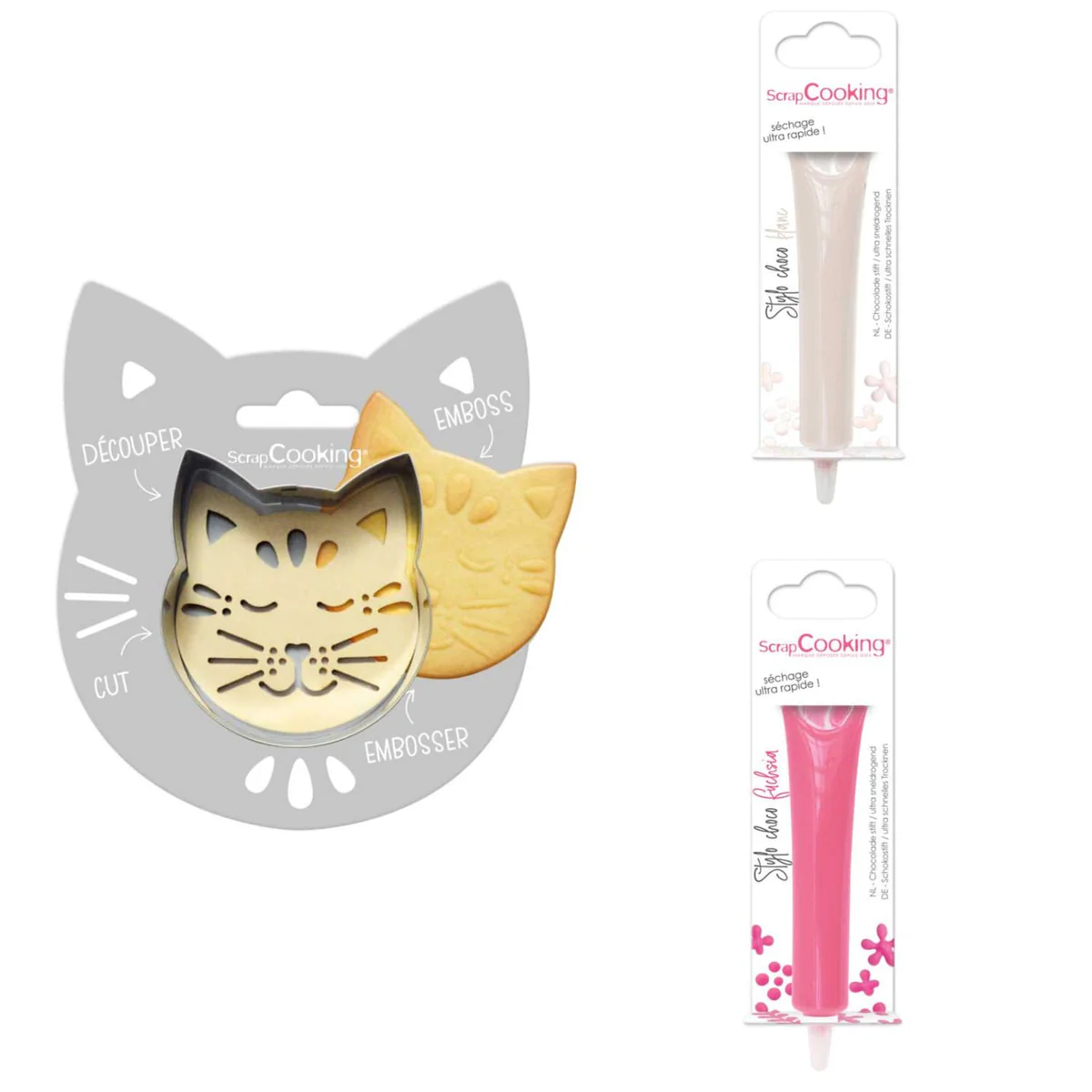 Kit pour biscuit en relief Chat + 2 Stylos au chocolat blanc et fuchsi
