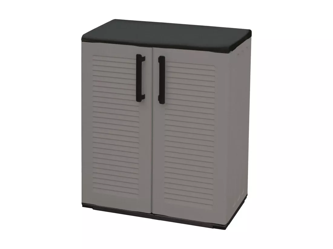 Armoire d'extérieur Mol, Armoire de balcon polyvalente, Armoire d'extérieur avec 2 portes, 100% Made in Italy, 68x37h84 cm, Finition rayée, Gris et Noir