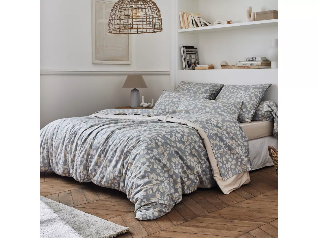 Drap plat imprimé 180x290 cm en 100% percale de coton LISON gris