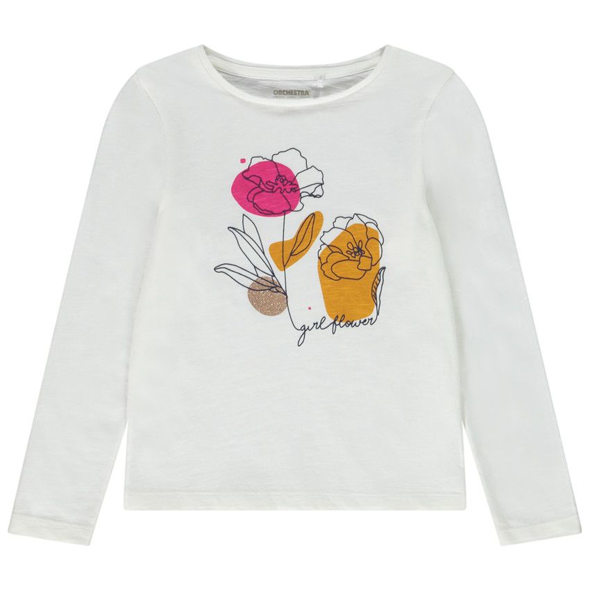 T-shirt manches longues en jersey print fantaisie pour fille - Ecru