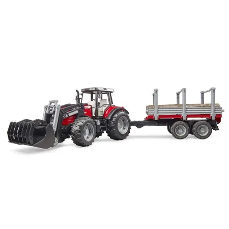 BRUDER® 2046 Massey Ferguson mit Frontlader und Holztransportanhänger und 3 Baumstämmen