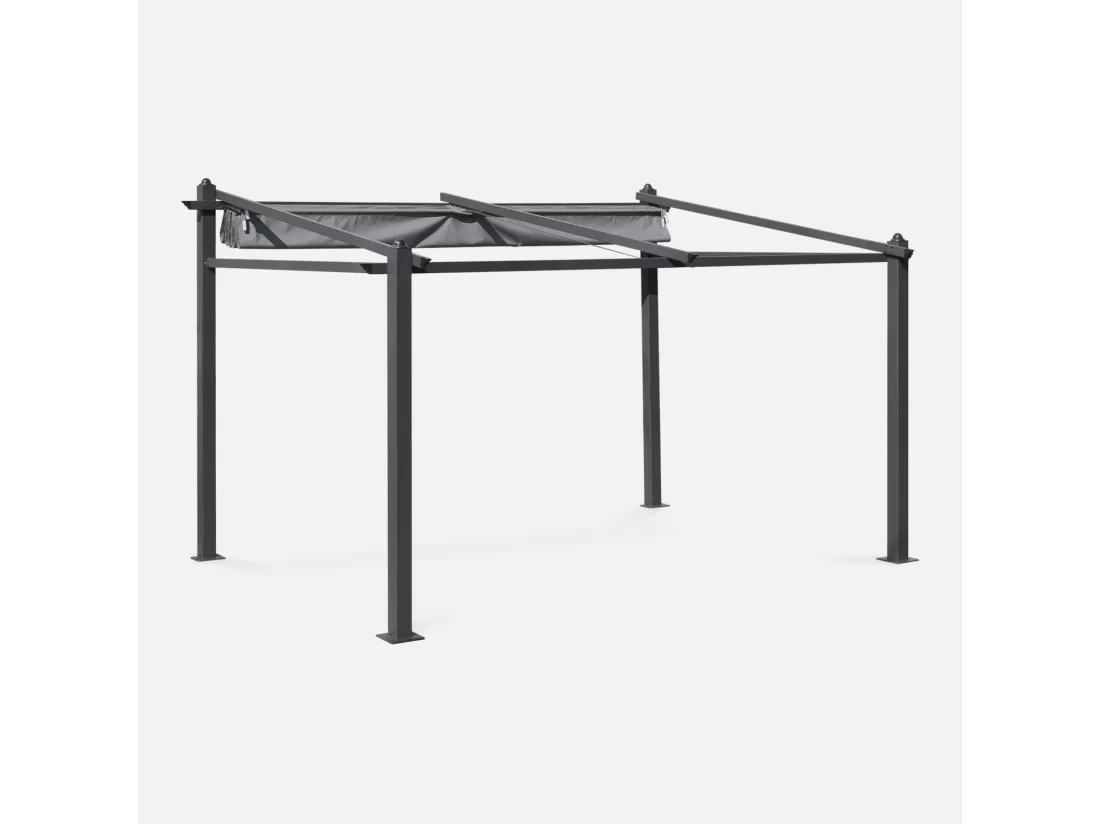 Pergola murale en aluminium - Murum 3x4m - Toile grise - Tonnelle idéale pour votre terrasse. toit retractable. toile coulissante. structure aluminium