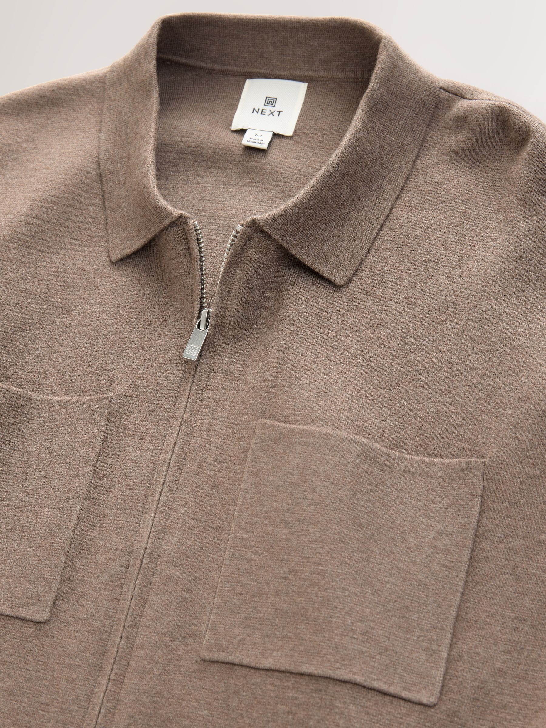 Paddenstoelbruin - Regular Fit Premium Feel Mid Weight Zip Through Collared Cardigan