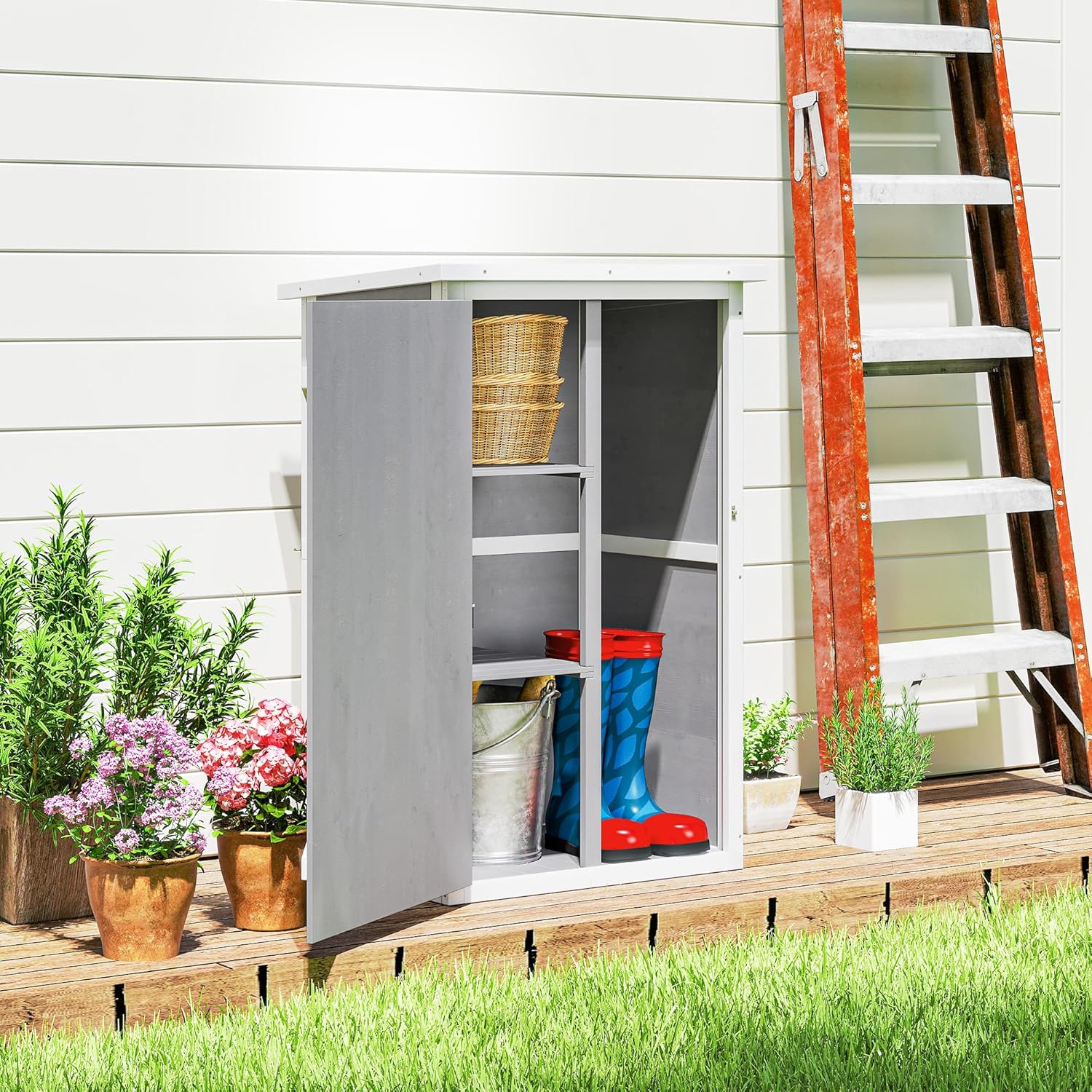 Outsunny Gartenschrank Holz, Geräteschuppen wetterfest 75x56x115cm, Gerätehaus mit Tür, Böden, Geräteschrank, Gartenhaus Werkzeugschrank Gartenschuppen für Garten, Terrasse, Hinterhof, Rasen, Grau