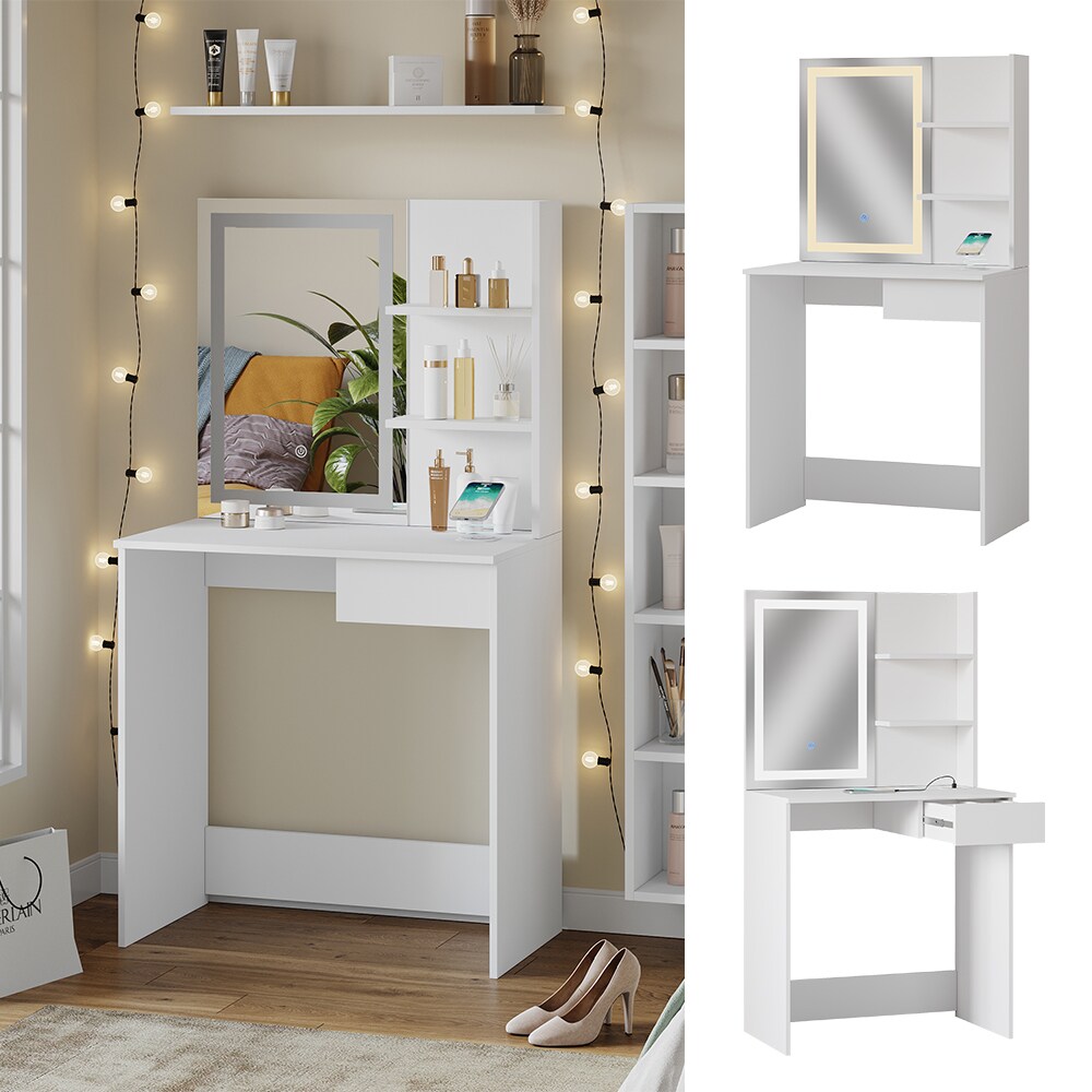 Vicco Schminktisch Dekos Weiß 75 cm mit LED-Spiegel und QI-Ladestation