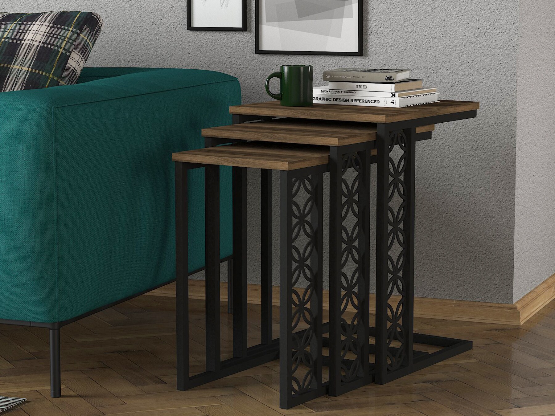Beistelltisch 3er Set Metall Klark Walnuss