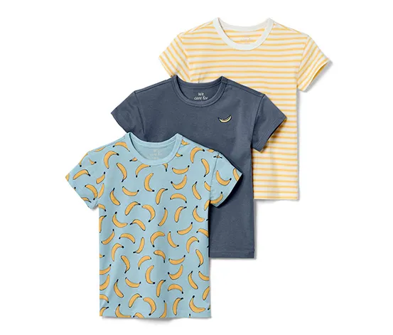 3 Kinder-T-Shirts, hellblau, gelb-weiß und dunkelblau