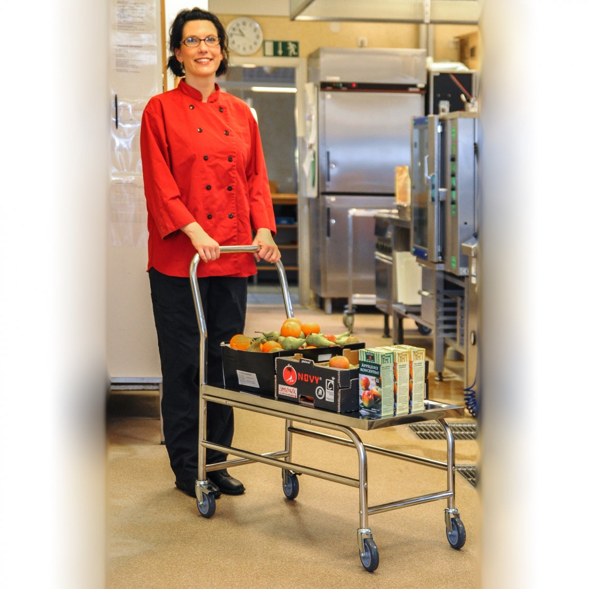 Kongamek roestvrijstalen platformwagen met duwbeugel en rem, laadvlak 760x440mm, rubberen banden