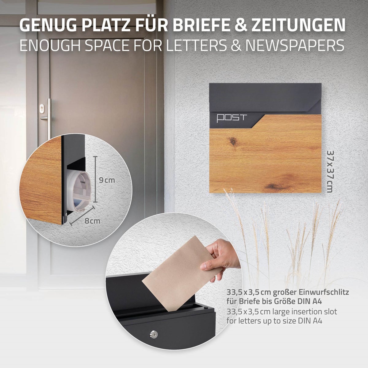 ML-Design Brievenbus, Antraciet Houtlook, Gepoedercoat RVS, 37x37cm, Brievenbus met Krantenvak, Afsluitbaar met 2 Sleutels, Design Wandbrievenbus met Krantenrol, Brievenbus voor Wandmontage