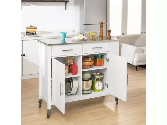 Desserte Roulante Chariot De Cuisine Avec Etagère Latérale, Portes Et Tiroirs, Fkw108-w