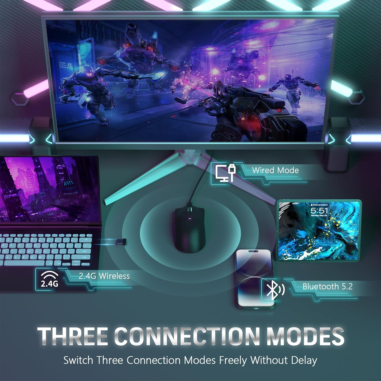 (63g) X11 Ultraleichte 2.4GHz / Bluetooth 5.0 Wireless Gaming Maus mit Akku (300mAh)   Magnetische Ladestation mit RGB - Schwarz