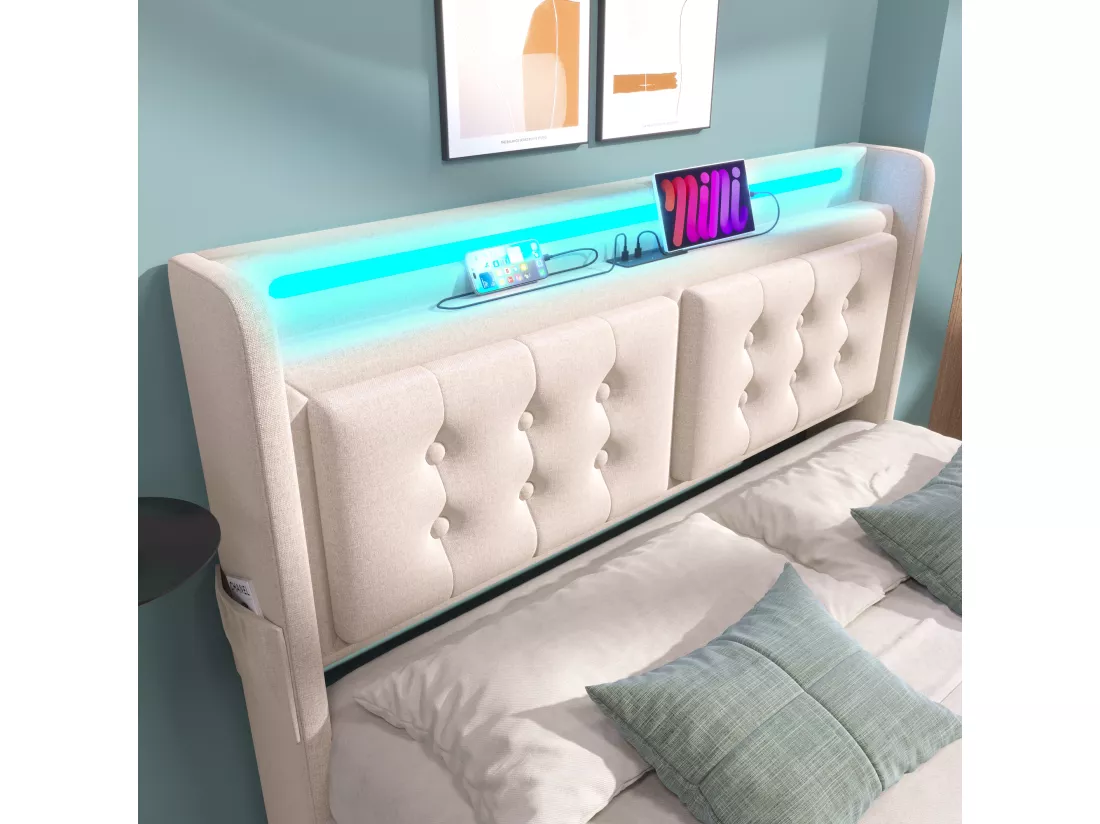 Lit capitonné 140 x 200 cm avec 4 tiroirs, tête de lit LED, prise USB Type-C - Tissu en coton - Beige (sans matelas)