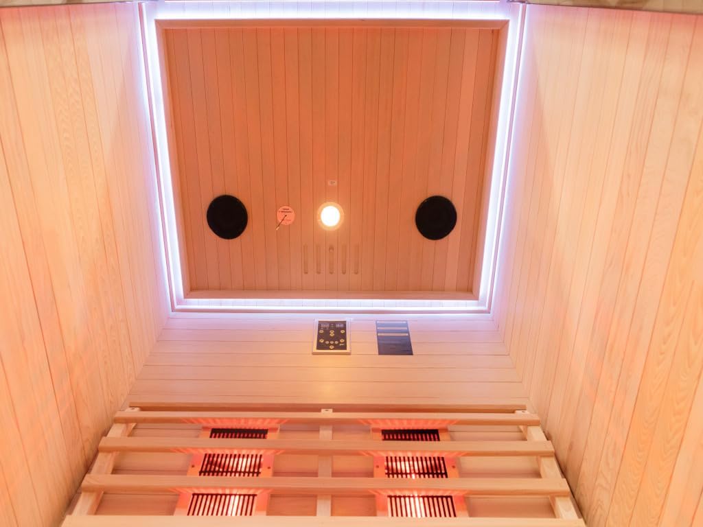 Infrarotkabine 2–3 Personen | Ganzglastür Klarglas | 120x100x195cm | Rubystrahler 1,5kW | Infrarot Sauna für Zuhause | Wärmekabine Holz natur | Fronteinstieg | Indoor Infrarotkabine