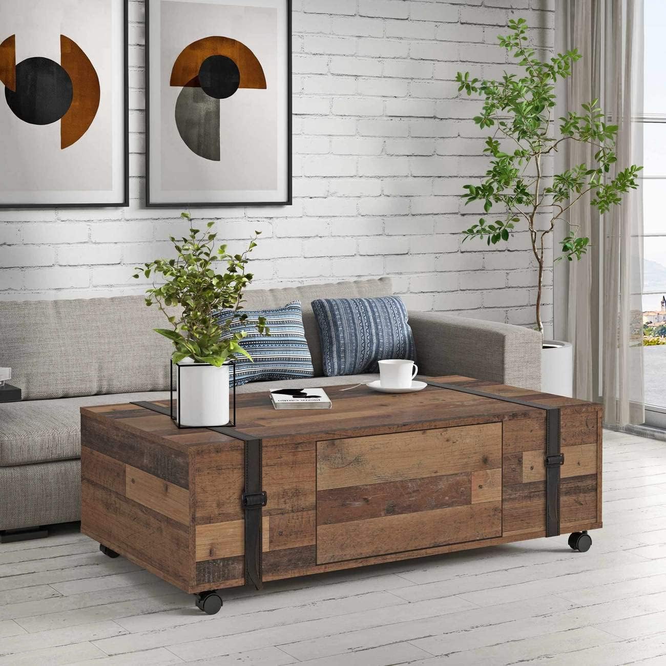 Forte FOBYA Couchtisch 110, Tisch auf Rollen mit 1 Schublade, Wohnzimmertisch, Sofatisch rustikal, Beistelltisch, Holzwerkstoff, Old-Wood Vintage Holzdekor, 110 cm breit x 35,6 cm hoch x 60,2 cm tief