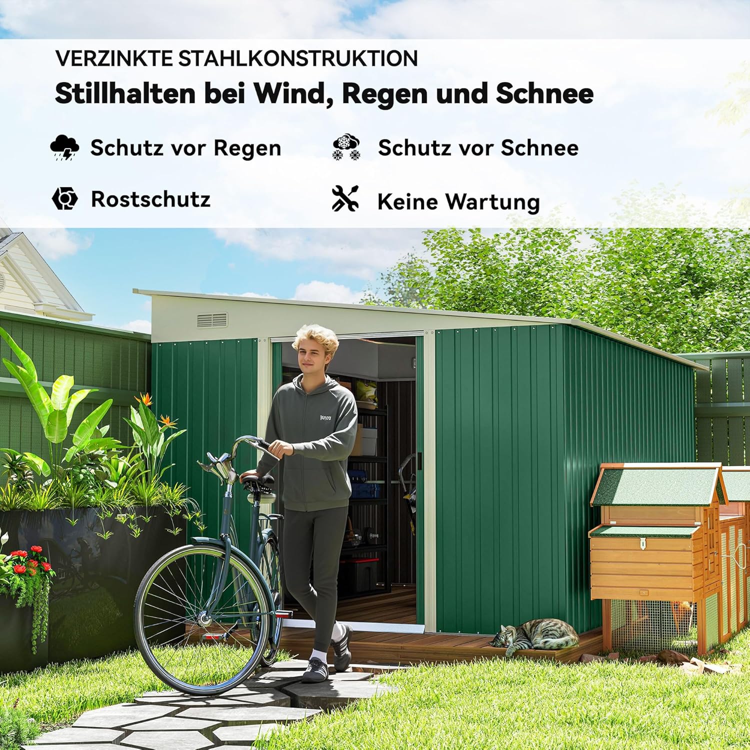 Outsunny Metall Gerätehaus 280x345x201cm 19,4m³ Gartenhaus mit Pultdach Schiebetür wetterfest Geräteschuppen Schuppen Outdoor Schrank für Außenbereich Hinterhof Anthrazit Garten, Grün