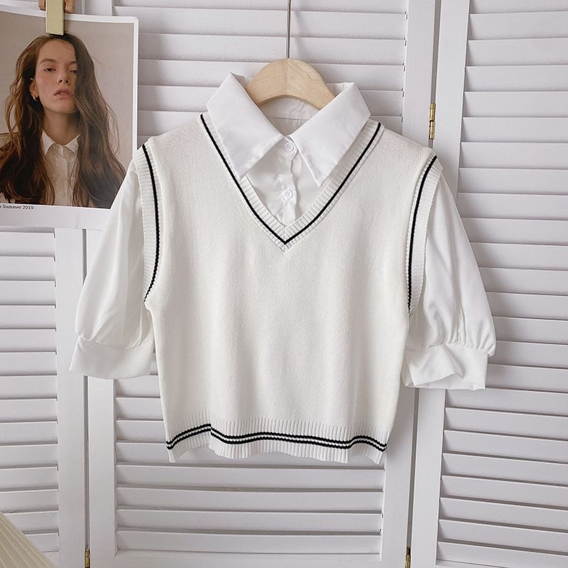 DIYI - Namaak tweedelig gebreid blouse met korte mouwen