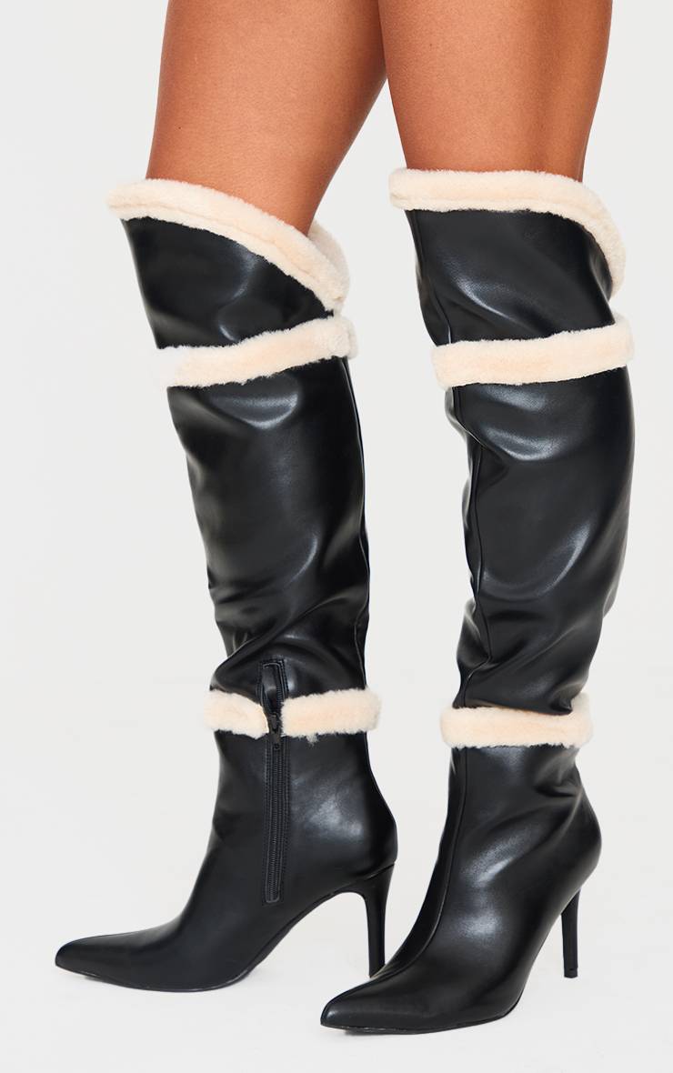 Noir Bottes Cuissardes À Talon Aiguille Haut En Synthétique Blanche Et Bout Pointu En SYNTHÉTIQUE