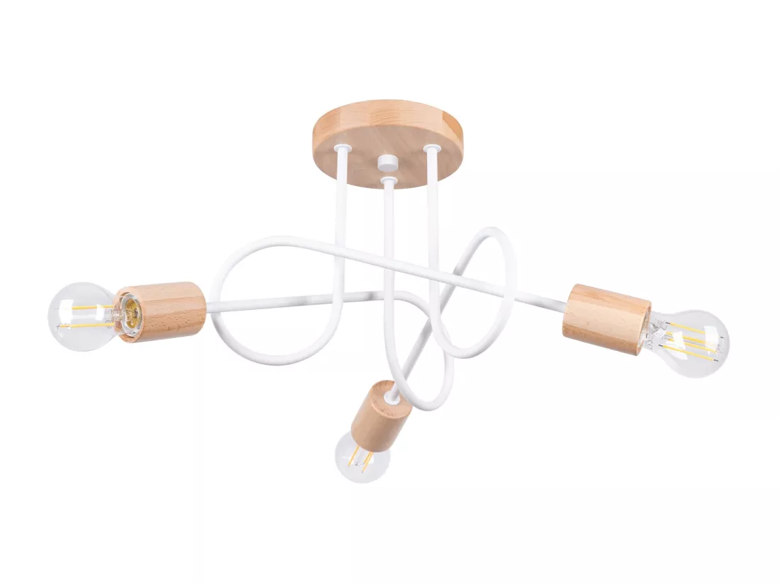 Lustre Ember minimaliste en acier/bois - 3 sources lumineuses - L.14 x H.26 cm - blanc/bois naturel