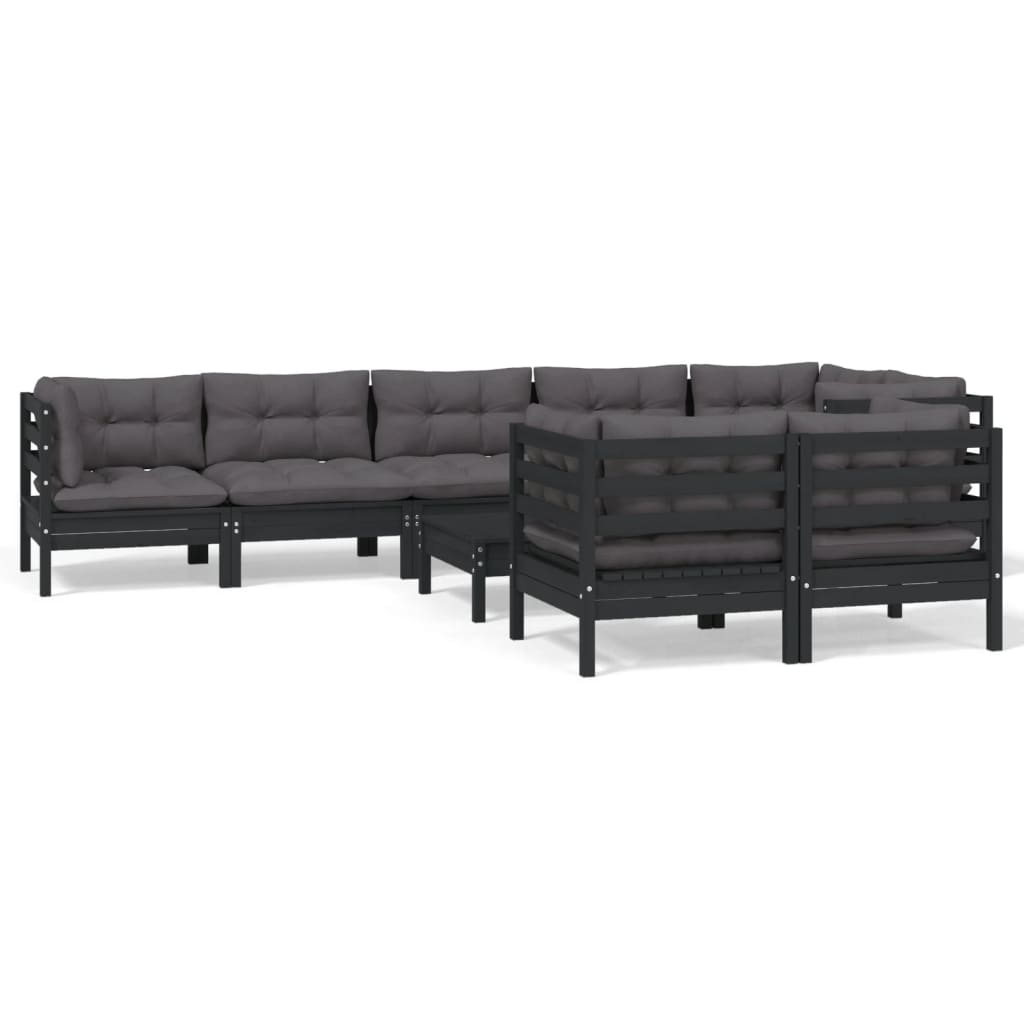 Salon de jardin meuble d'extérieur ensemble de mobilier 9 pièces avec coussins noir bois de pin massif