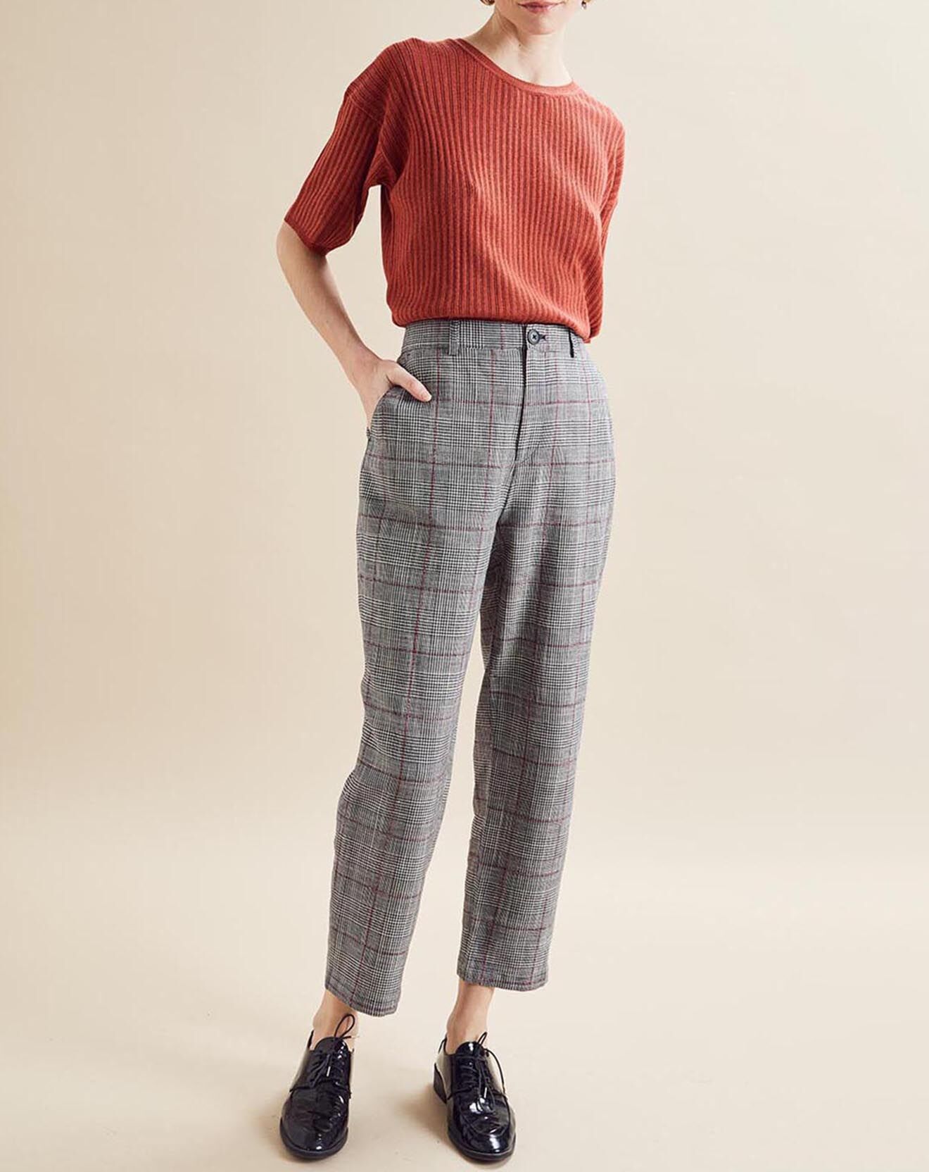 Chloé Stora Pantalon en Lin mélangé Porto pied-de-poule noir/écru