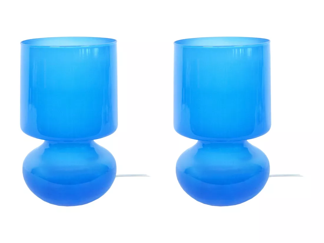 Pair de Lampes de chevet champignon verre bleu 24 cm.