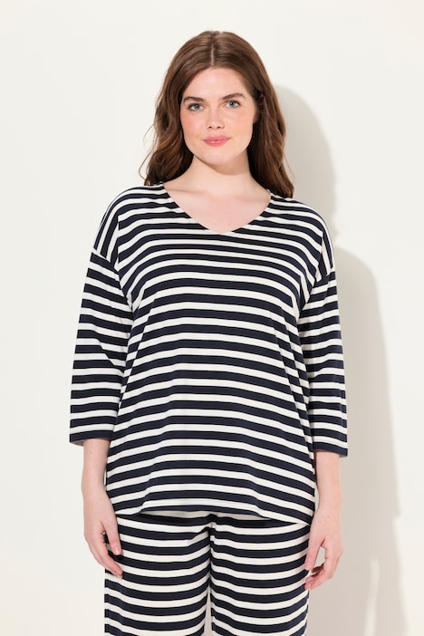 Pyjama-Shirt, Ringel, V-Ausschnitt, 3/4-Arm, Biobaumwolle