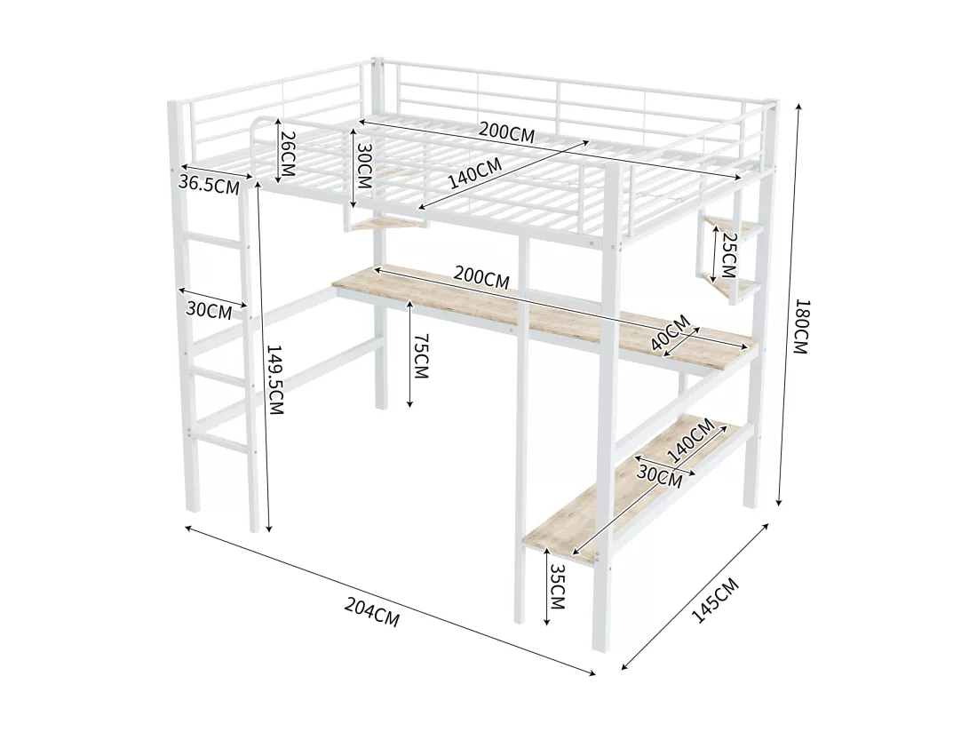 Lit mezzanine en fer - 140x200cm - avec bureau et 5 étagères - Blanc