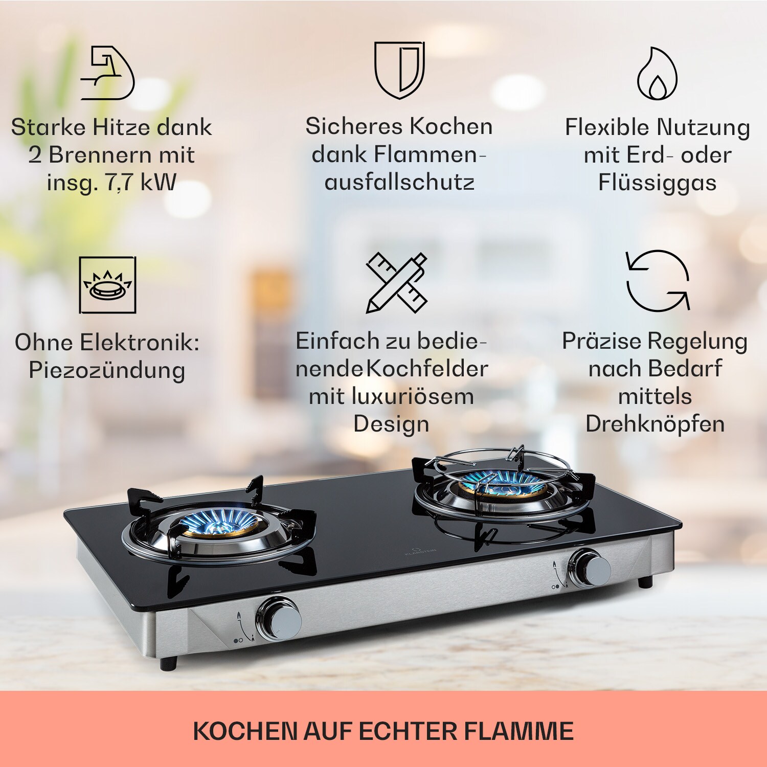 Barzona 2 Campingkocher 2 Brenner 3,4 & 4,3 kW Glasplatte Edelstahl 2 Brenner