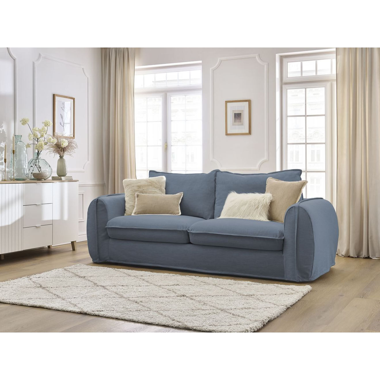 Bobochic Canapé droit convertible express 3 places Archimède 140 bleu foncé - 216x106x93 cm