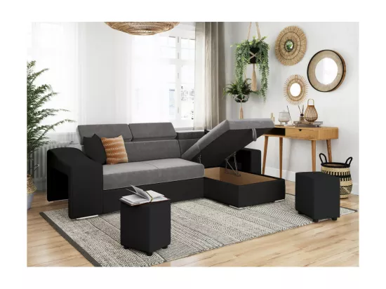Canapé d'angle Elona convertible bi-matière Gris et Noir avec poufs de rangement à gauche - L264 x P162 x H75cm - Loungitude