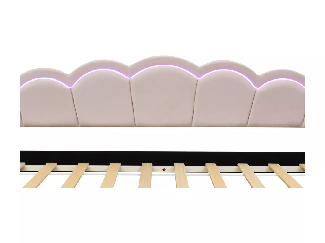 Lit banquette 90x200cm avec LED + lit gigogne 90x190cm - rembourré en tissu velours - Rose (matelas non inclus)