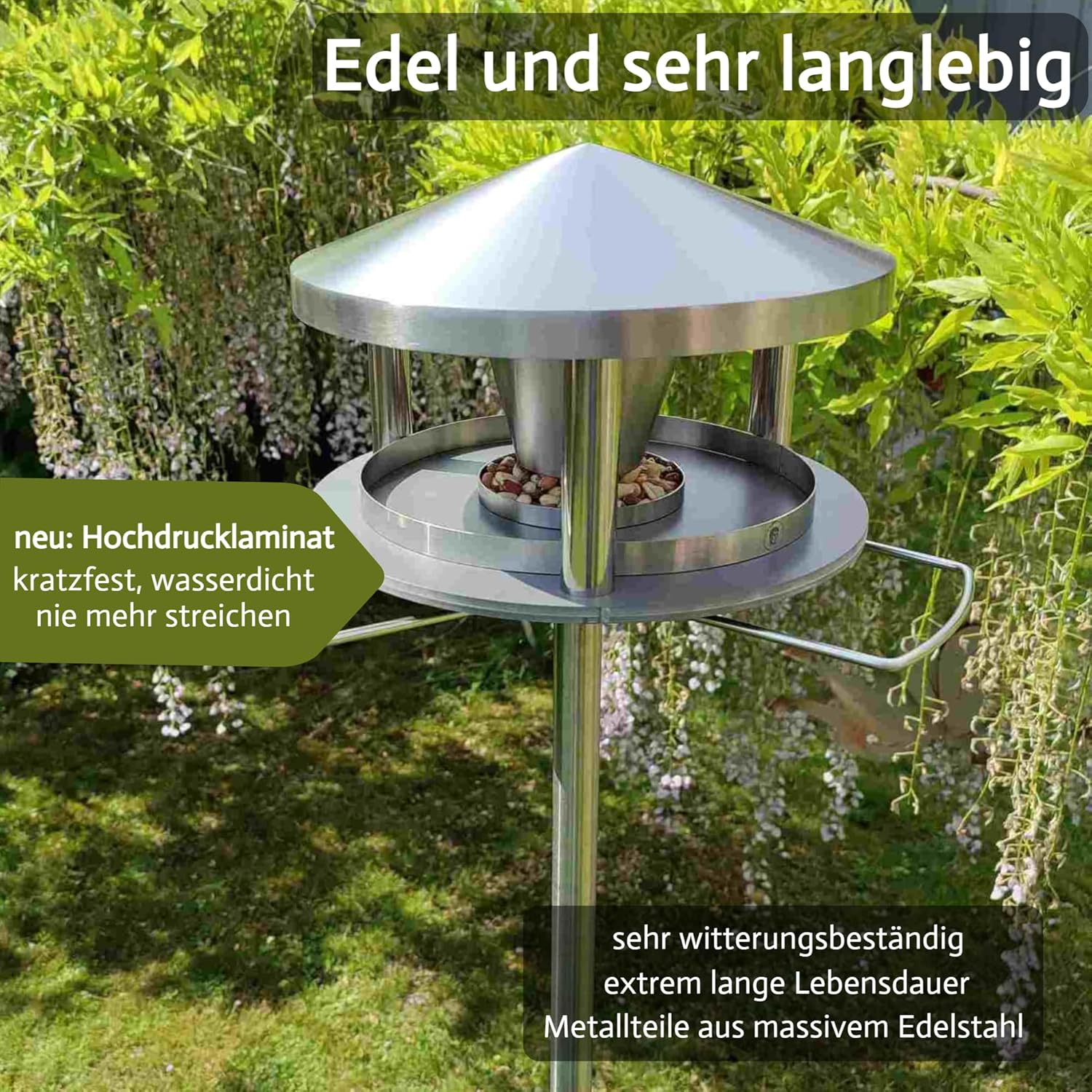 Vogelhaus mit Ständer wetterfest aus Edelstahl - Stabiles Vogelfutterhaus für draußen, modern aus Metall - Vogelfutterstation - Futterhaus für Vögel stehend
