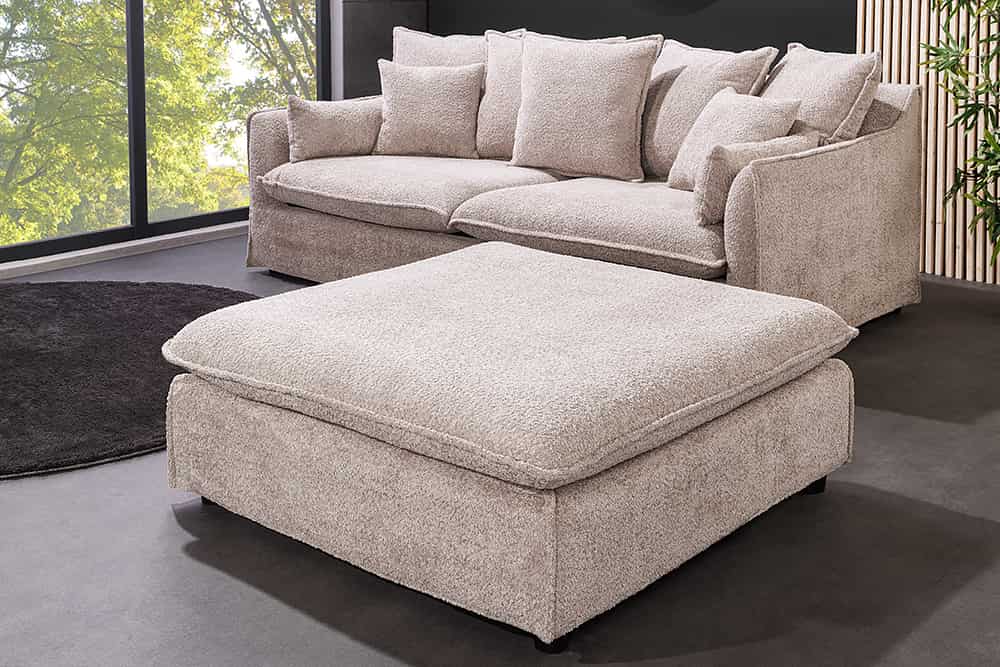 Großer Hocker HEAVEN 100cm champagner beige Bouclé Polsterhocker Federkern