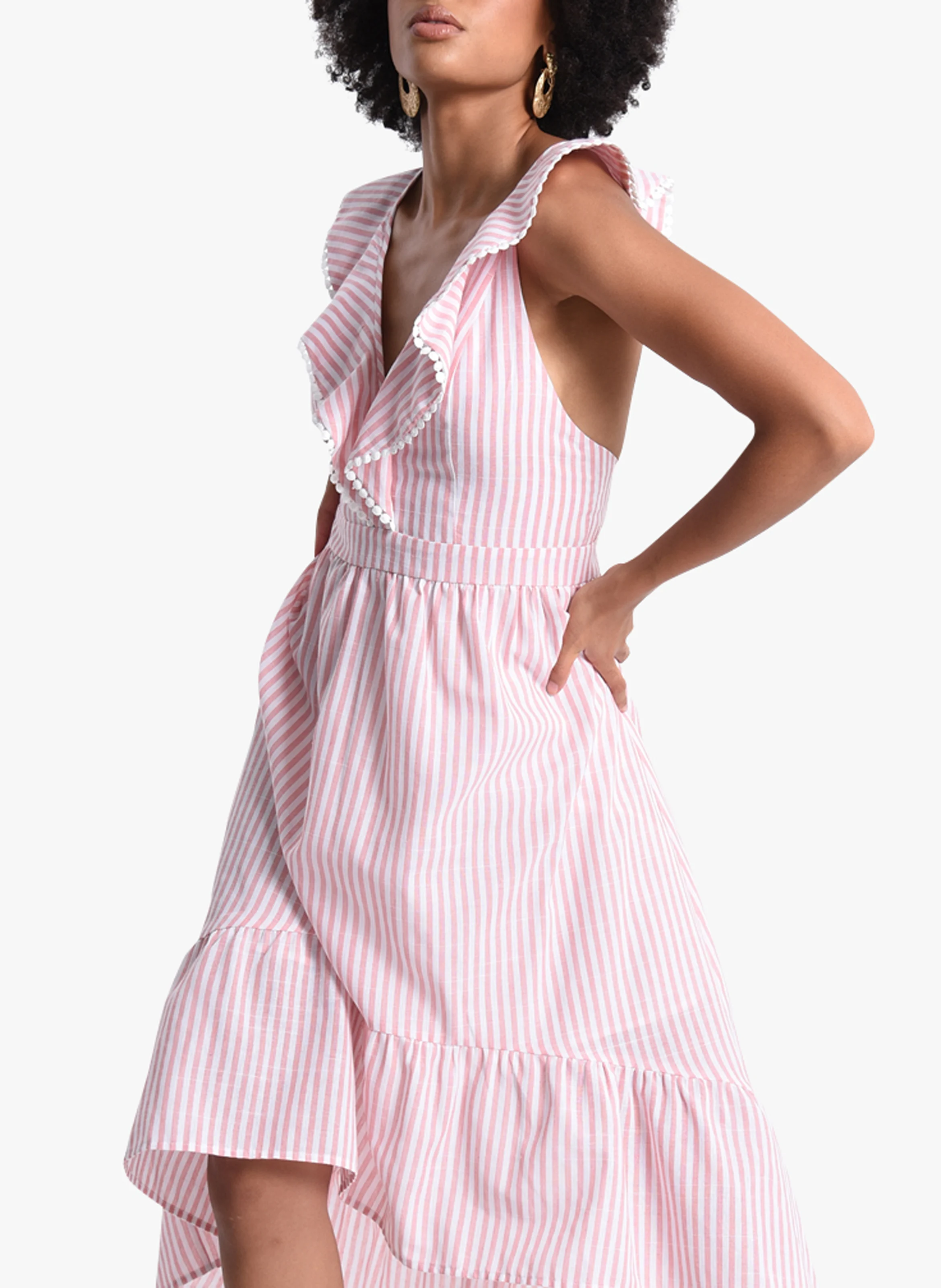 Robe midi col V claudine rayée en coton mélangé| Rose