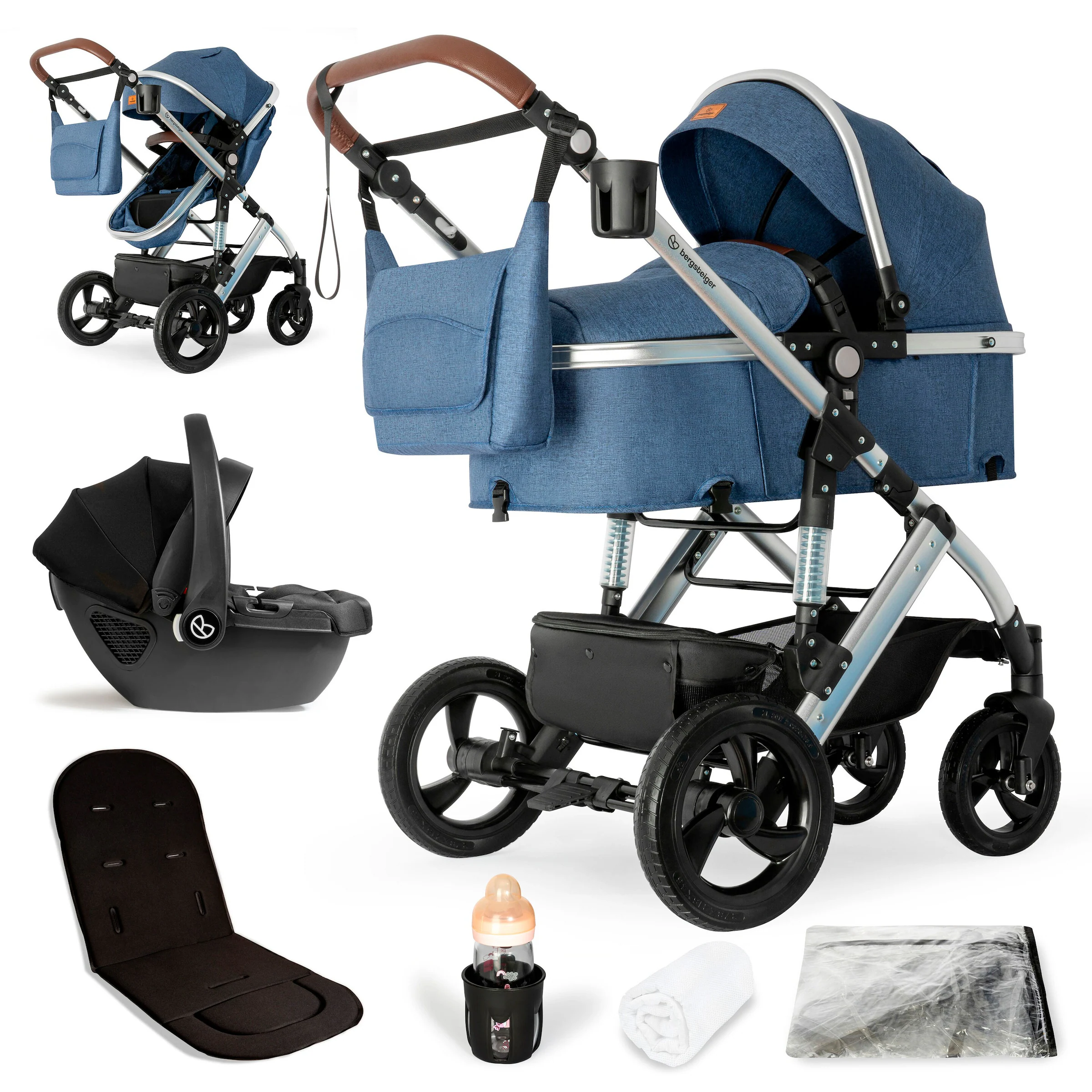 Bergsteiger Kinderwagen Nizza + Babyschale blue | Gestell: silver