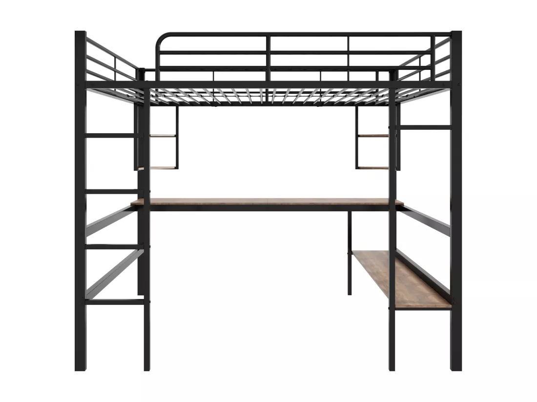 Lit mezzanine 140 x 200 cm avec bureau et étagère de rangement - métal et bois MDF - noir