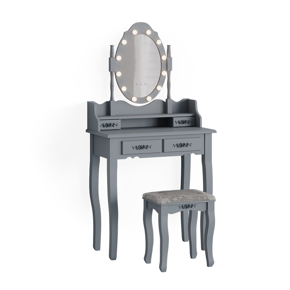 Vicco Schminktisch Frisiertisch Kosmetiktisch Maggie Grau Schminkspiegel Hocker 75x147 Barock LED Beleuchtung Schlafzimmerkommode Schminkkommode Schublade Aufbewahrung Frisierkommode Make-Up-Tisch